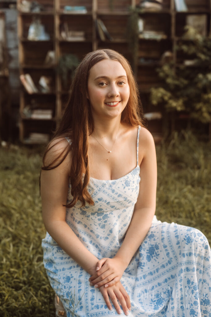 Closer up image of Campbell High School senior in a beautiful blue and white dress