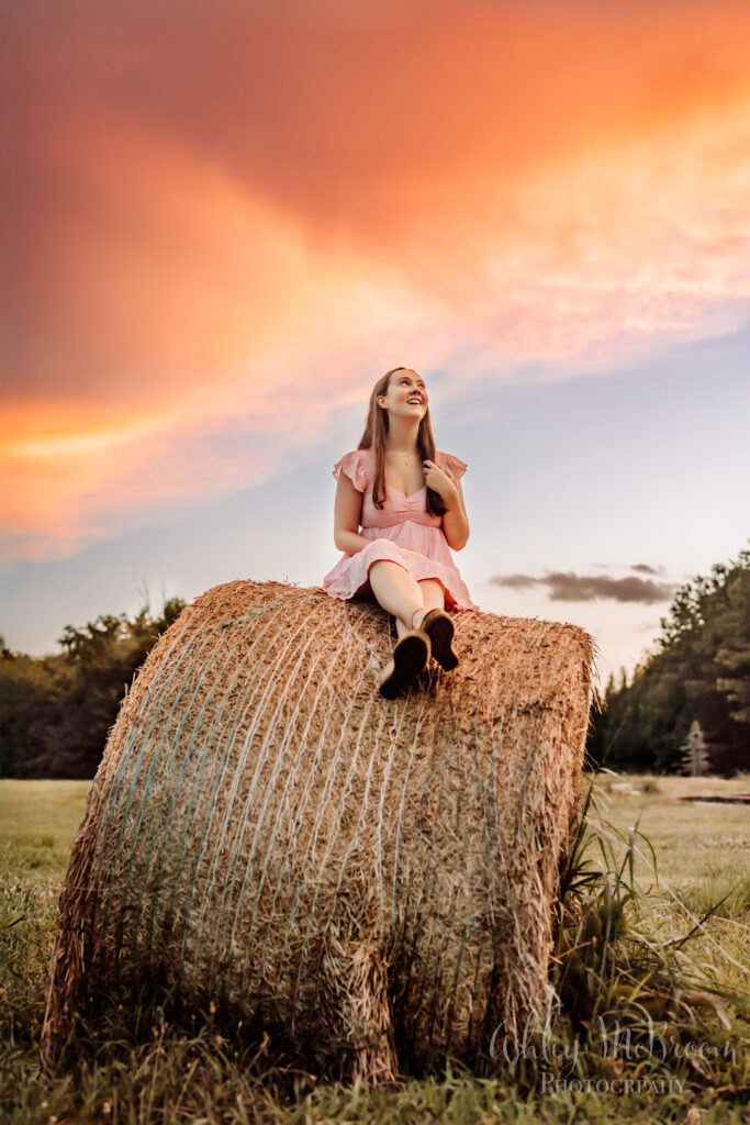 High school senior in a pink dress sitting on a hay bale beneath a dramatic pink sunset sky