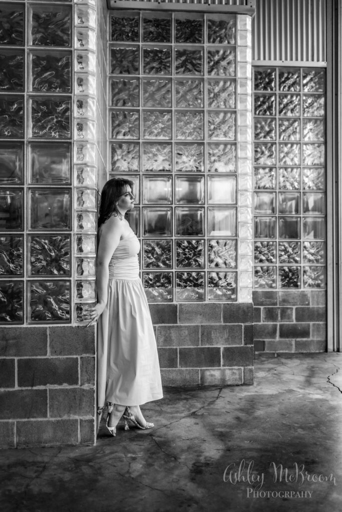 fine art senior portrait in black at white in downtown Atlanta